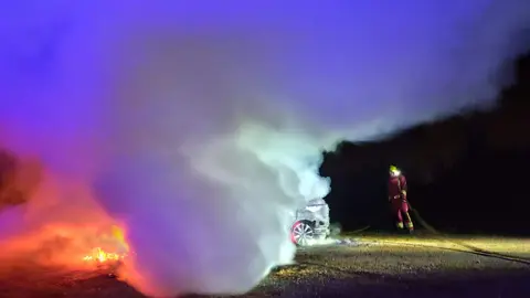 Las llamas calcinan de madrugada un vehículo en Armunia sin causar daños personales. Foto: Bomberos de León
