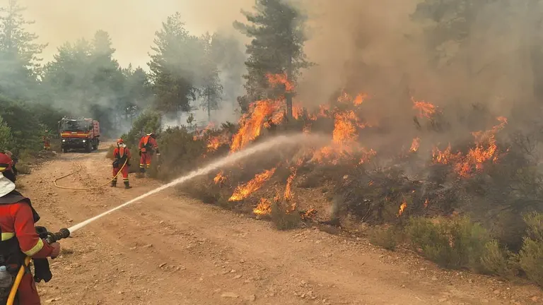 Efectivos de la Unidad Militar de Emergencias trabajan en el fuego de Anllares del Sil, en el Bierzo. Foto: UME