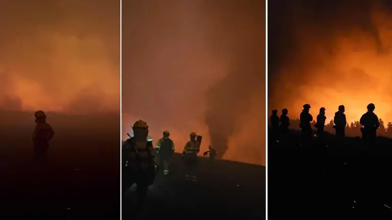 Brigadistas de la Brif de Tabuyo difunden imágenes impactantes del avance de las llamas. El incendio se ha saltado la pista de los molinos eólicos y obliga a replantear la estrategia de extinción.