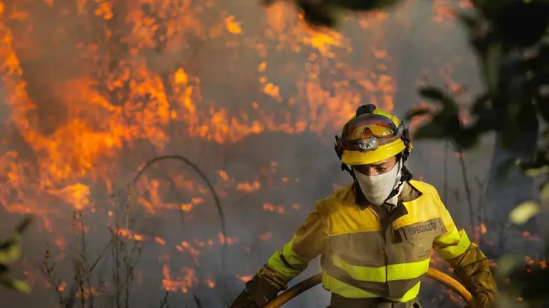 Un brigadista gana terreno a las llamas durante un incendio de las últimas semanas.
