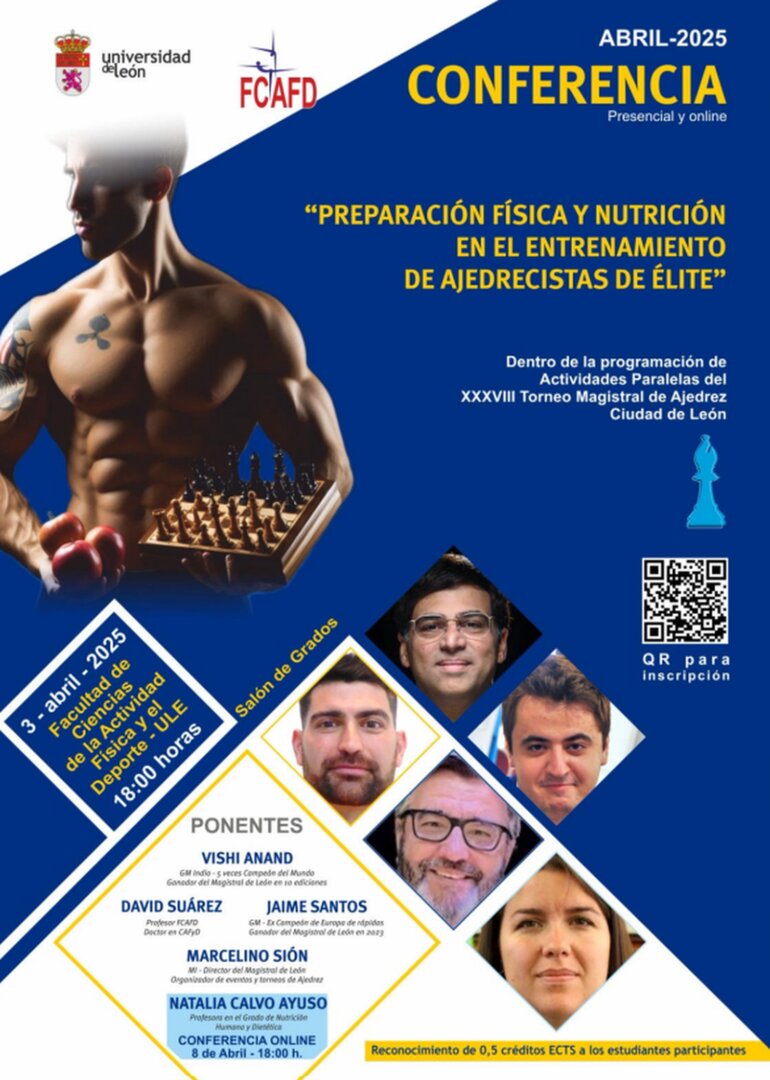 Cartel de la conferencia 'Preparación física y nutrición en el entrenamiento de ajedrecistas de élite'.2