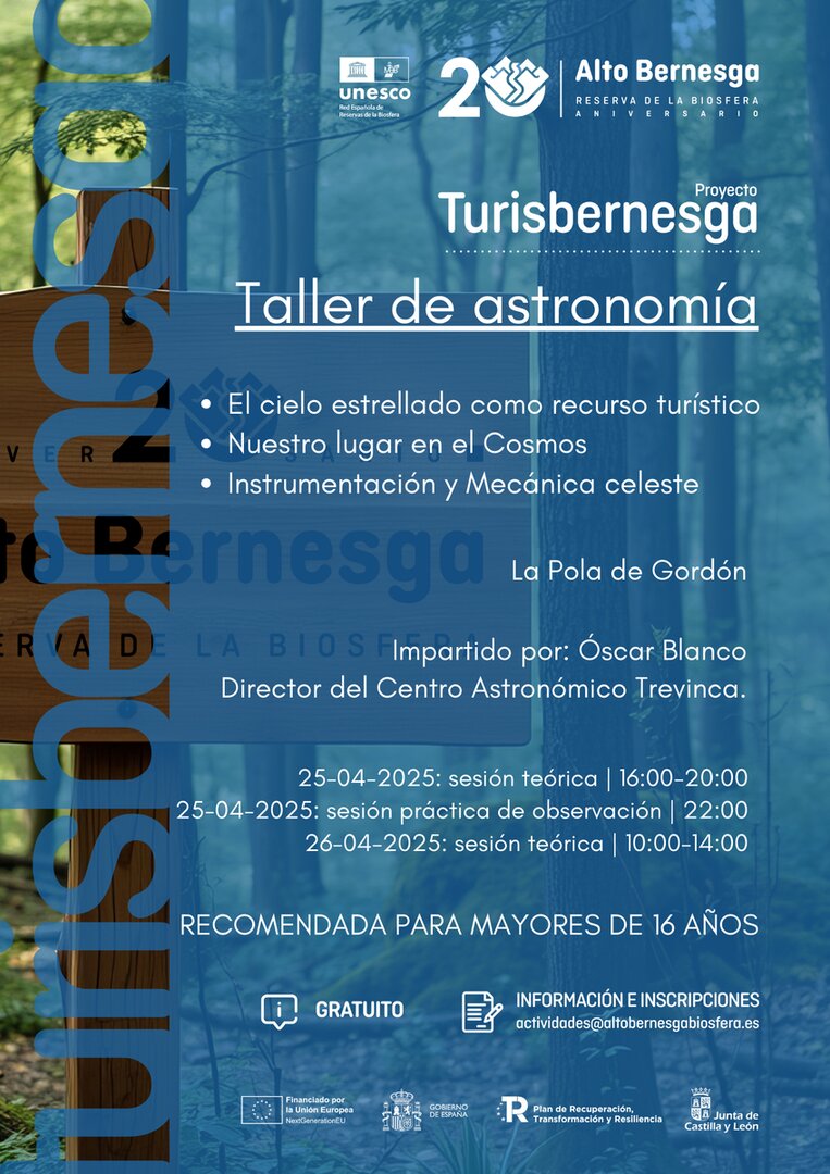 Cartel del taller de astronomía del 25 y 26 de abril.