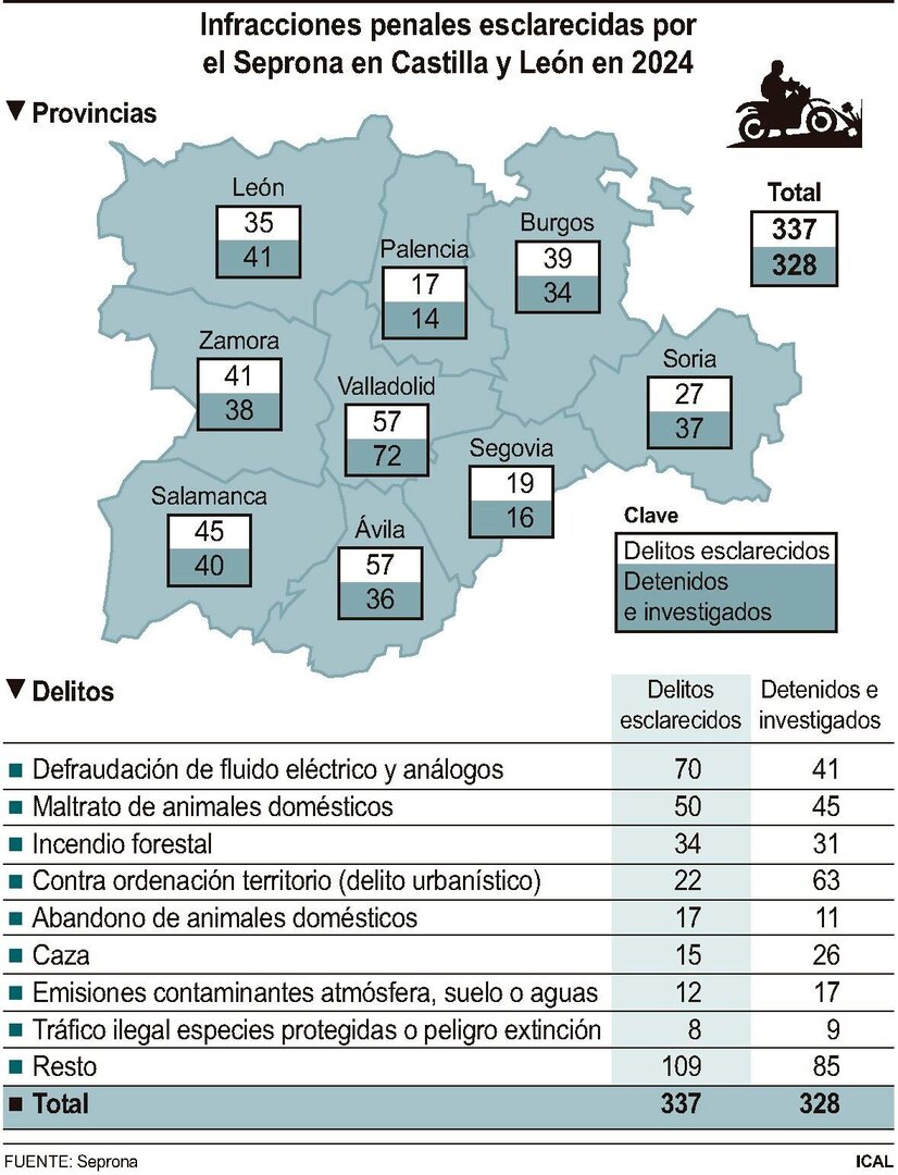 Infracciones penales esclarecidas por el Seprona en Castilla y León en 2024.