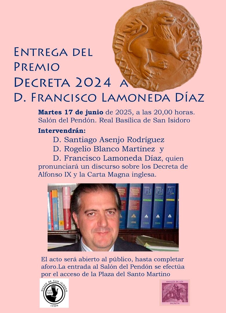 Cartel de la "Entrega del Premio "Amigos de los Decreta, 2024" a D. Francisco Lamoneda.