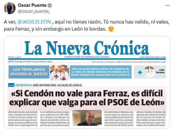 Captura de pantalla del tuit publicado este domingo por el ministro Óscar Puente en X.