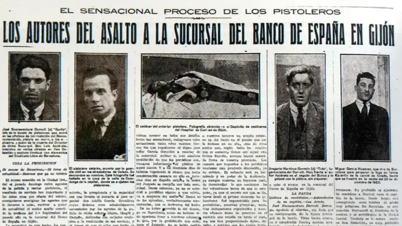 Noticia publicada en el diario La Prensa el 28 de febrero de 1924 sonbre el asalto al Banco de España de Gijón. Durruti, a la izquierda.