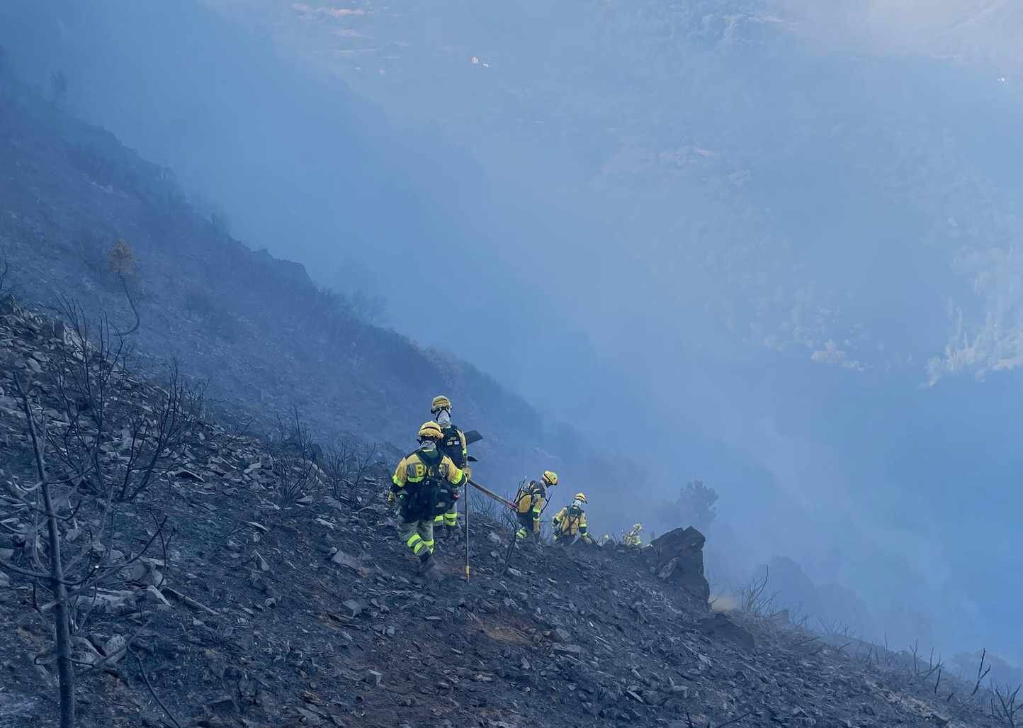 Brigadistas forestales a la 'caza' del incendio en una imagen tomada por Brif Tabuyo tras aterrizar en la zona.