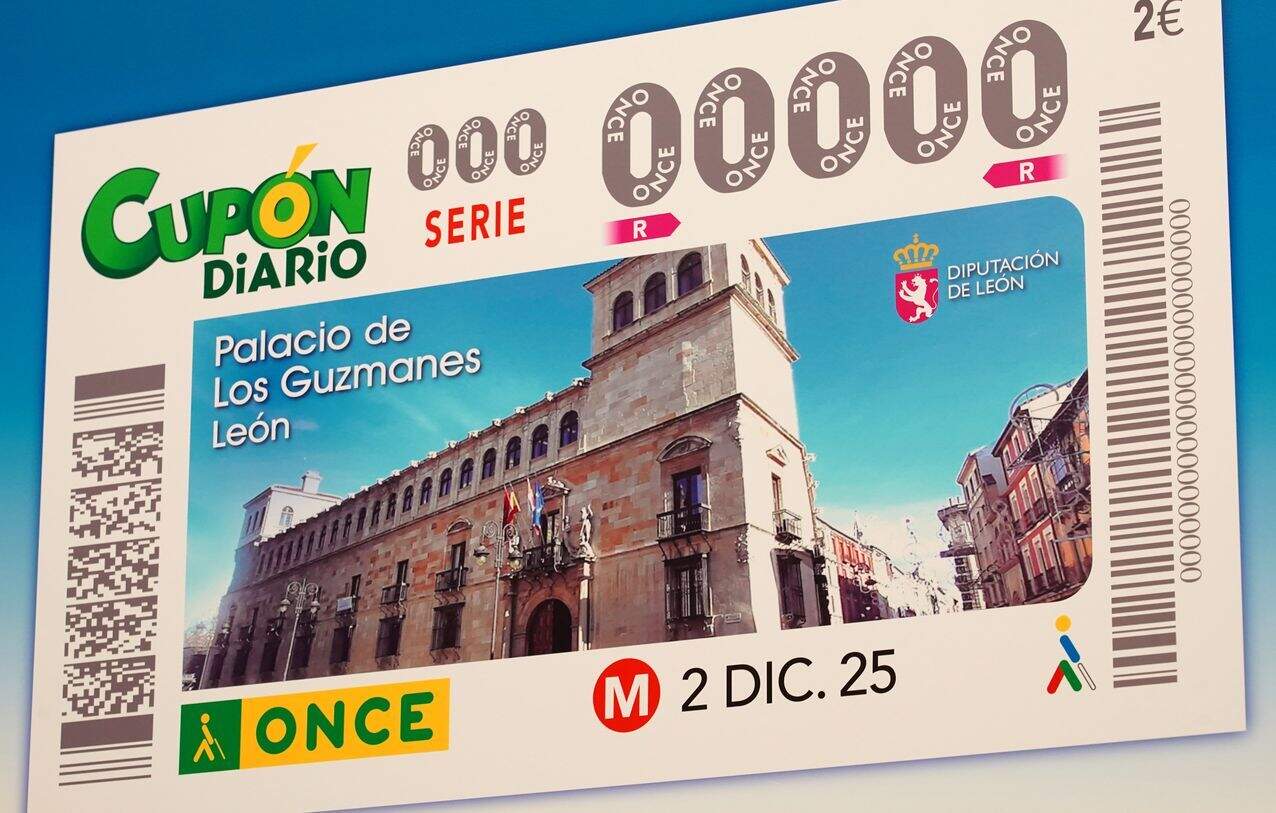 El presidente de la Diputación, Gerardo Álvarez Courel, presenta el cupón de la ONCE con la imagen del Palacio de los Guzmanes