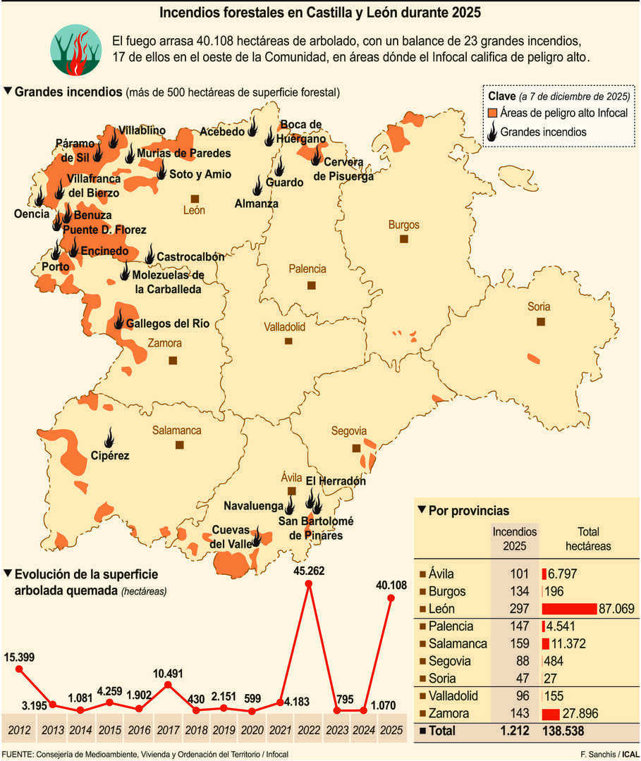 Incendios forestales en Castilla y León durante 2025 (18cmx18cm)