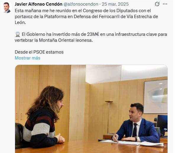 Mensaje de Cendón en la red social X del 25 de marzo de 2025 tras reunirse con la Plataforma en Defensa de Feve.