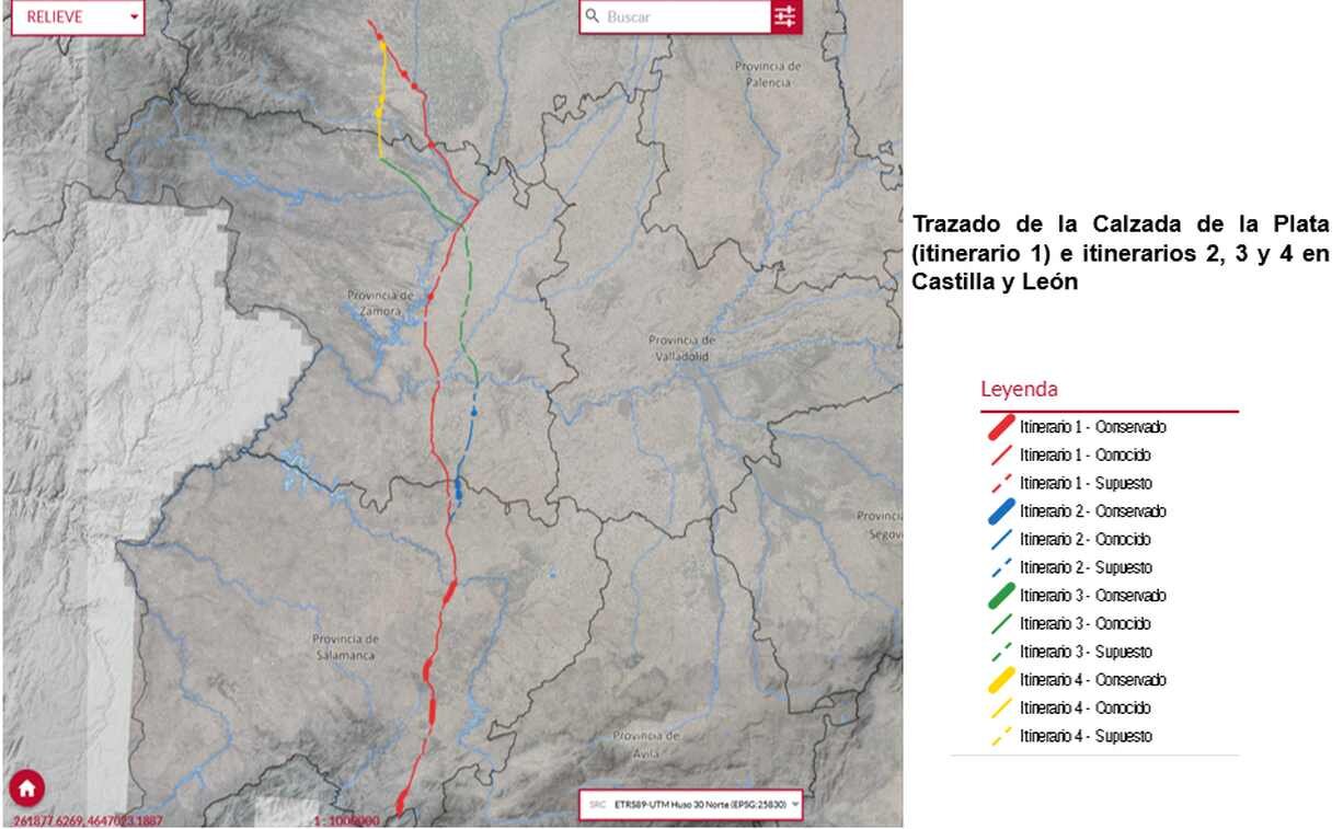 Trazado+de+Calzada+de+la+Plata+e+Itinerarios+Mérida+a+Astorga+en+C+y+L