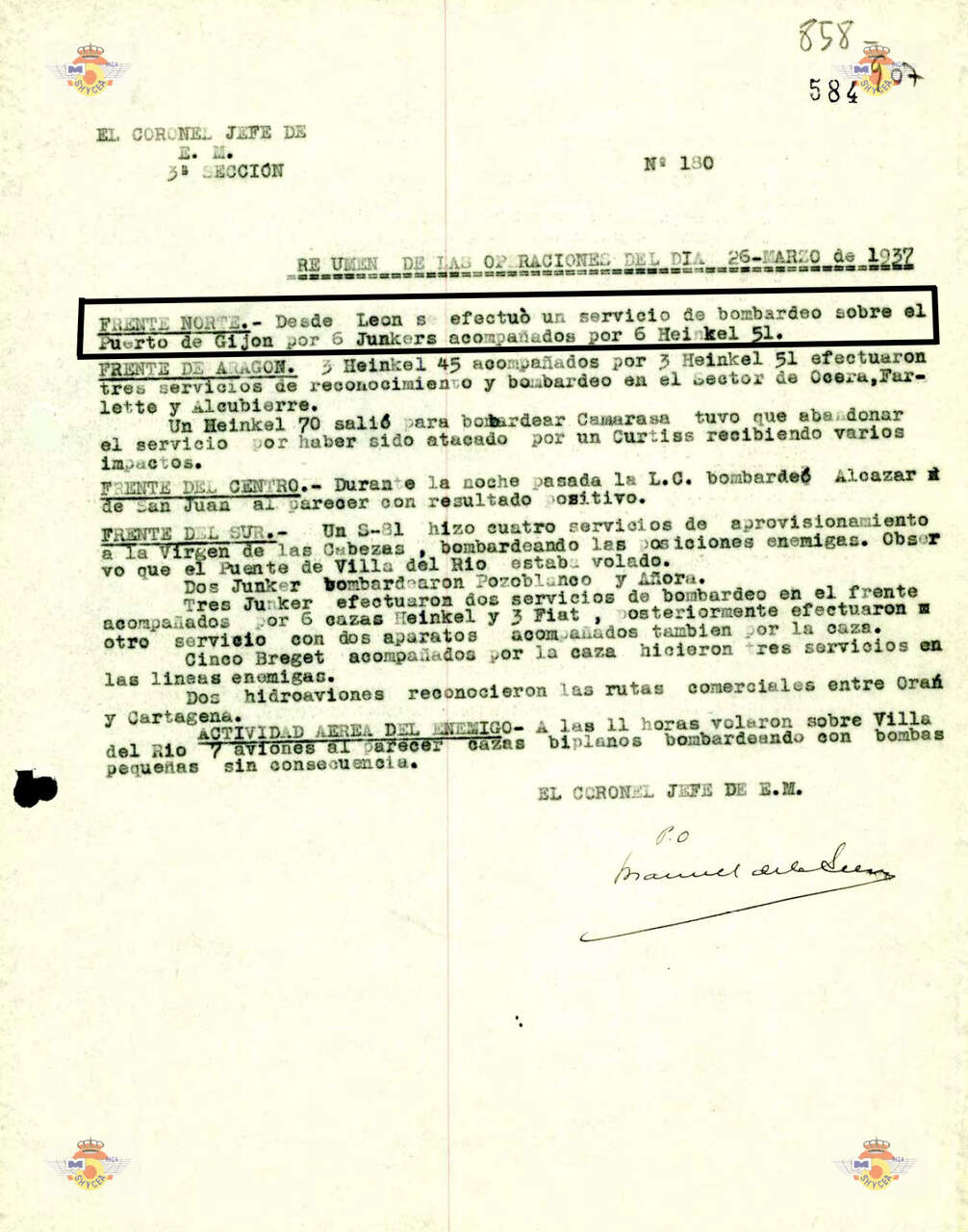Parte de vuelos de la Legión Condor en la montaña leonesa el 26 de marzo de 1937