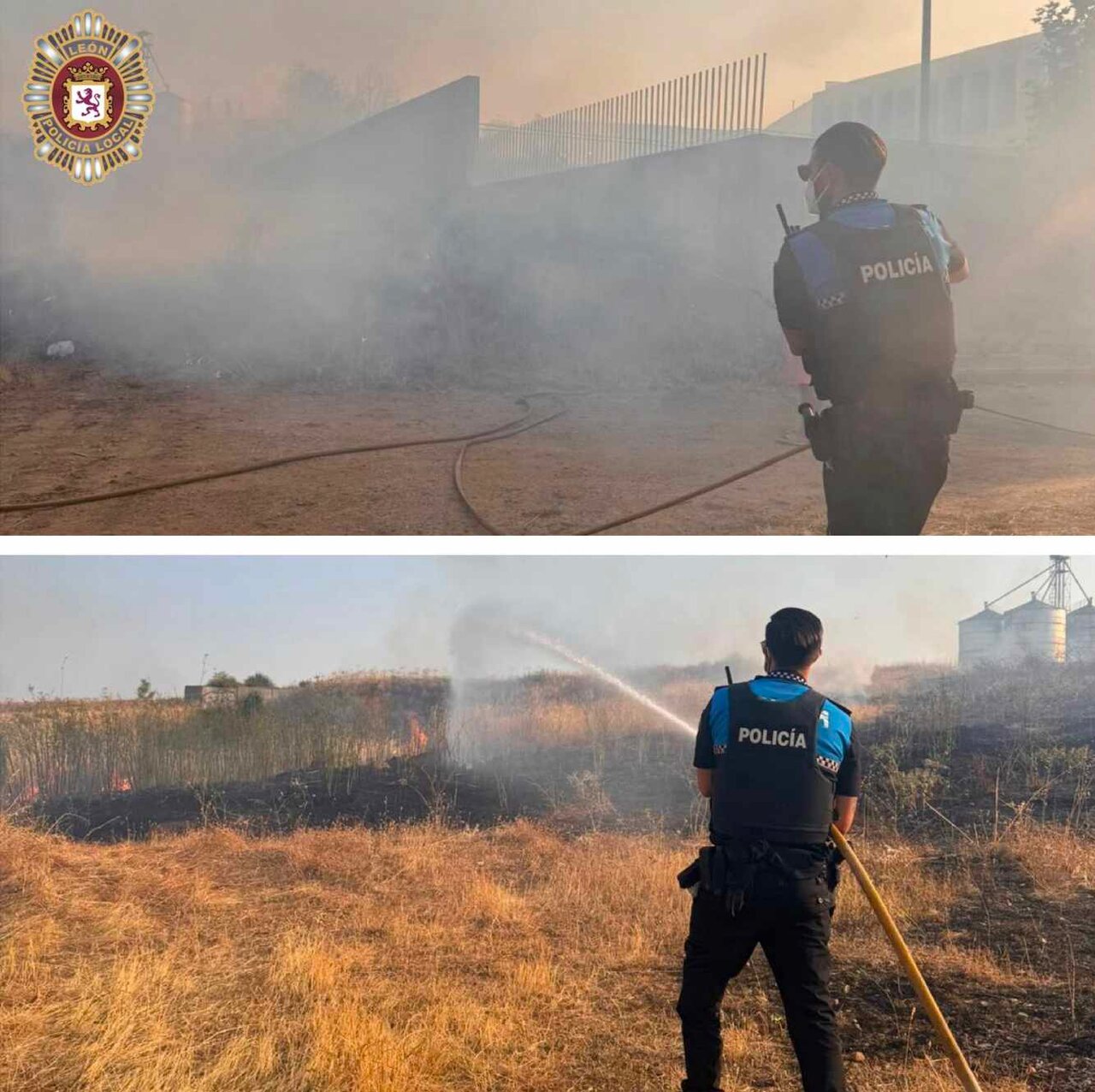Efectivos de la Policía Local, durante las labores de extinción.